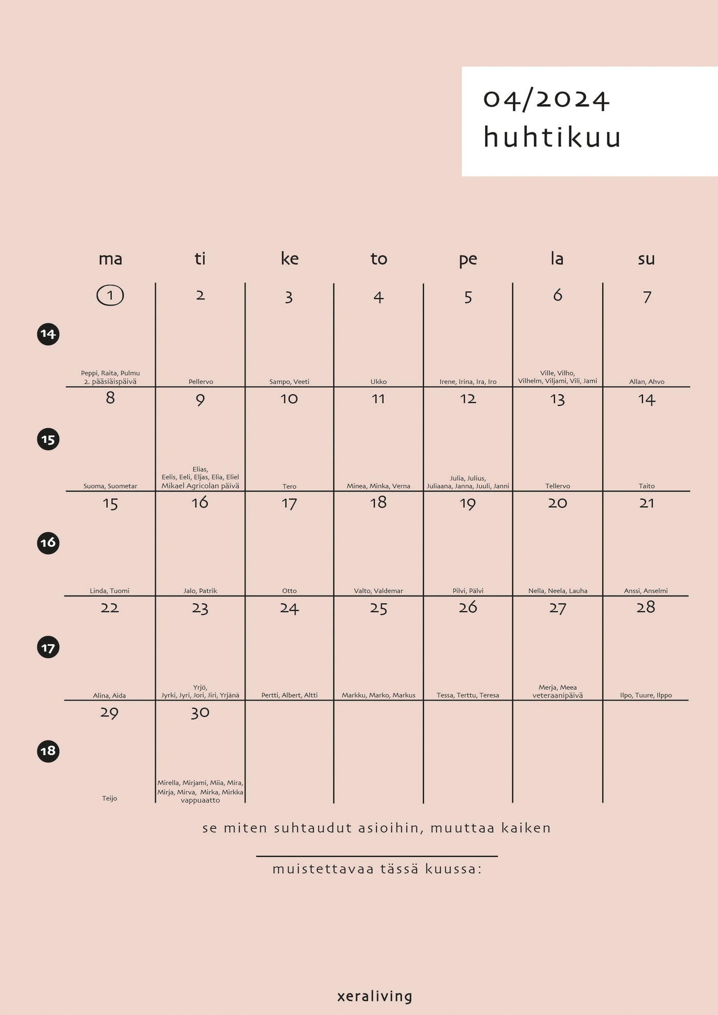KAUNIIMPI ARKI seinäkalenteri 2024